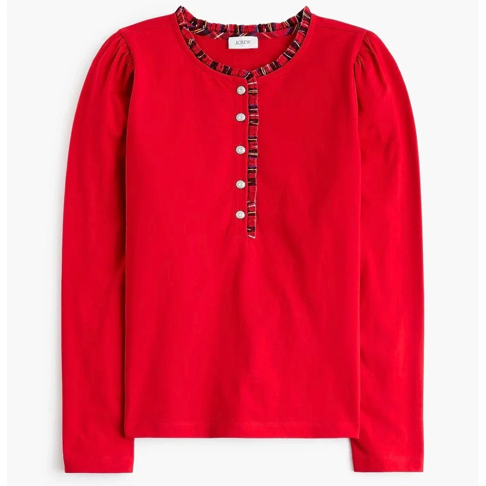 J.CREW Long-sleeve Tartan‎ and Jewels Henley Shirt Small Red NEW Festive CO282
